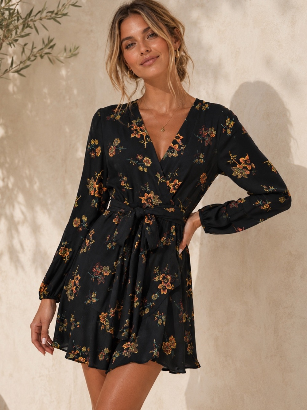 A.L.C. Designer Floral Wrap Dress XS Black V-Neck Long Sleeve Mini Summer
